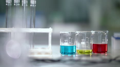 Lab-worker-put-test-tubes-rack-on-laboratory-table.-Laboratory-glassware